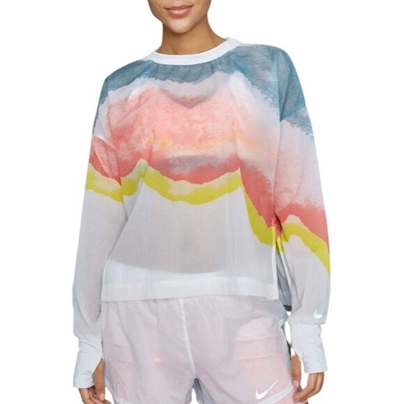 Nike Running Repel Crew Top Small White Pink Blue Yellow Long Sleeve Lightweight - Picture 1 of 12